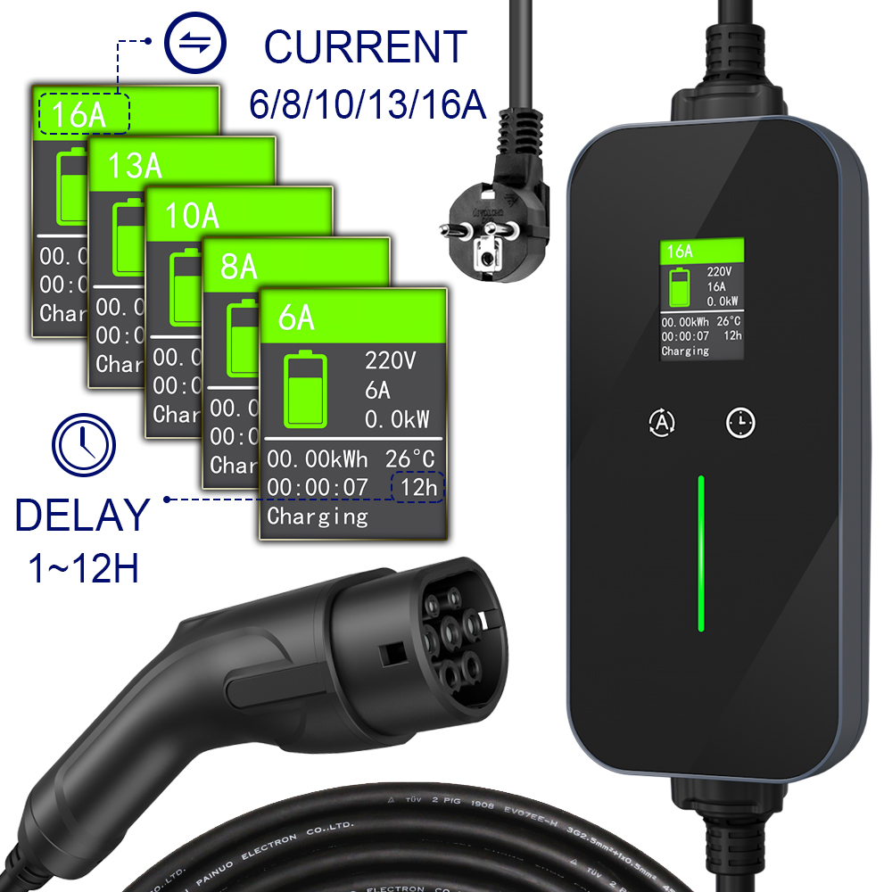 TUV Portable EV Charger 16A 3.6kW IP67 LED Screen Type 2 Charging Cable