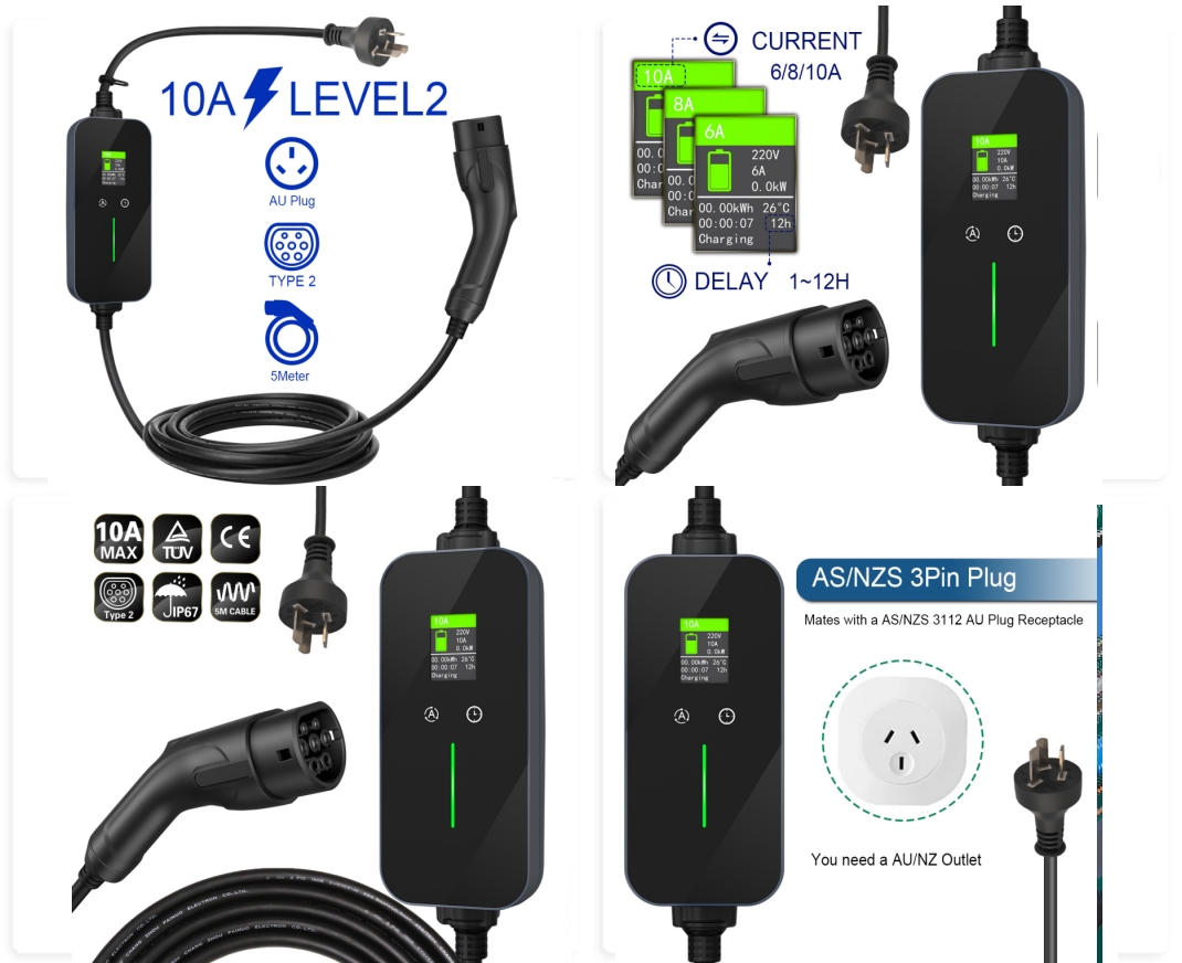 TUV RCM 3.6KW 6A 8A 10A Type 2 Portable EV Charger Australia New Zealand EV Charging Cable