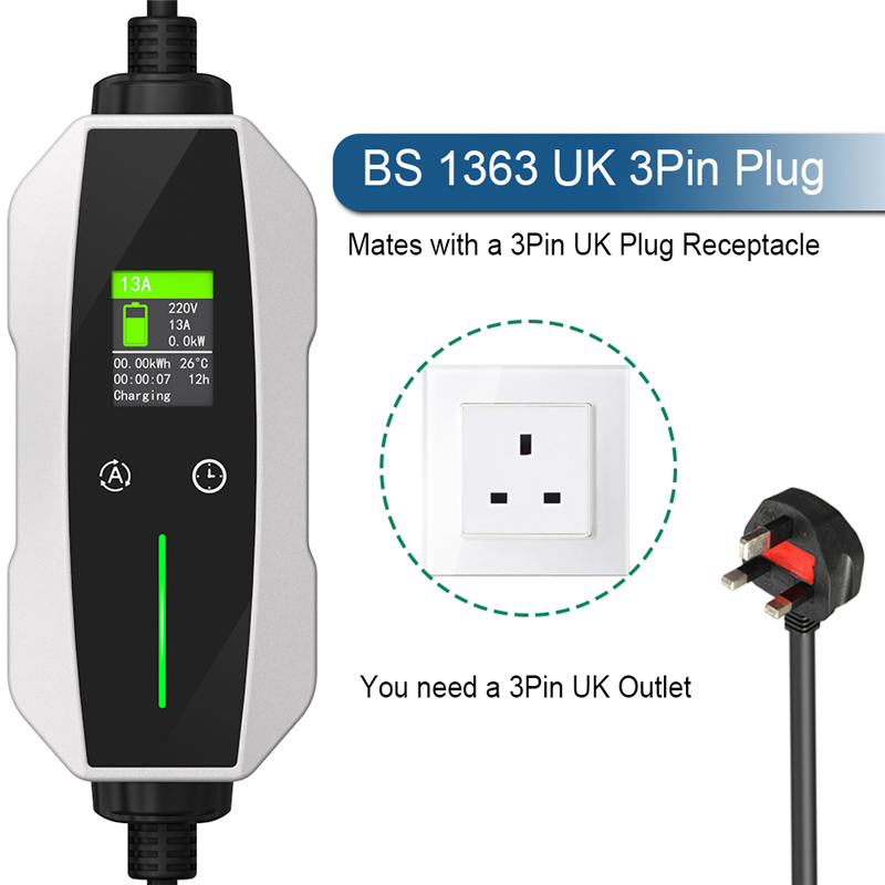 13A Type 2 Portable EV Charger UK Plug Level 2 Home Charger