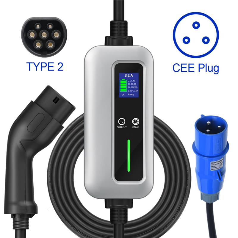 Type 2 Mobile EV Car Charger 32A 7.2KW Home Charger CEE Plug