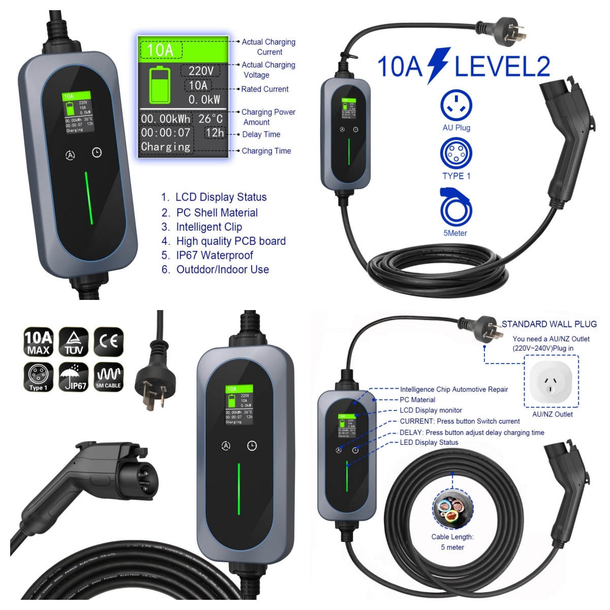 J1772 Electric Car 7KW 10A EV Charging Cable Adjustable 5m Type 2 Portable Ev Charger