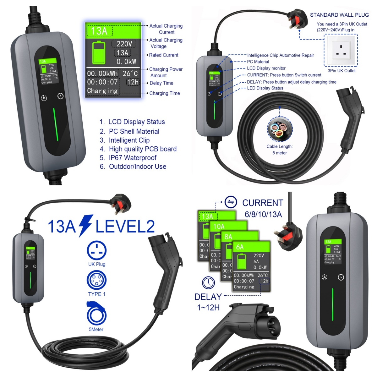 Portable Charging 3.7kW Type 1 LED Display 10A 13A Level 2 Portable EV Charger